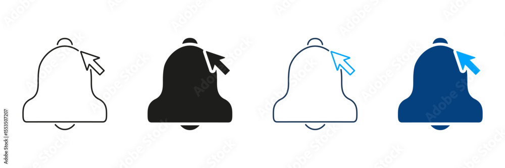 Aufkleber notification bell with cursor line and solid icon set. alert and reminder activation outline and sil
