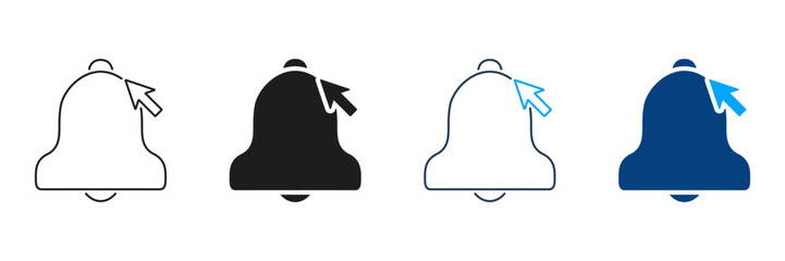 Notification Bell With Cursor Line And Solid Icon Set. Alert And Reminder Activation Outline And Silhouette Symbol Collection. User Interaction And Engagement. Isolated Vector Illustration