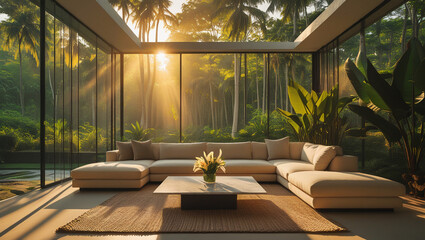 Glass-walled lounge with green forest view for peaceful concepts. Perfect for destination campaigns, relaxation themes, and premium advertising.