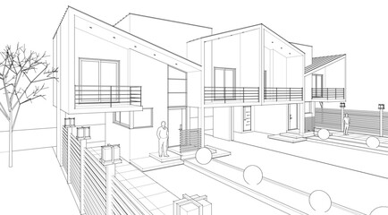 townhouse architectural sketch 3d illustration	