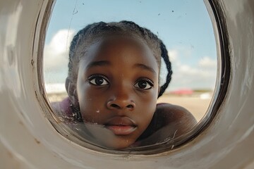 Curious girl looking through airplane window during flight