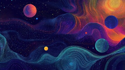 Abstract, colorful space scene with planets, stars, and swirling cosmic nebulae