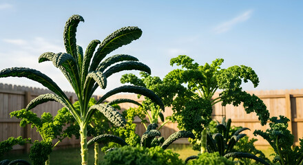 Obraz premium Lacinato Kale Growing in a Garden Under Clear Blue Sky in Summer