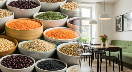 Fototapeta premium Culinary Scene Featuring Legumes And A Modern Restaurant Interior