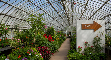 Vibrant Greenhouse Interior Featuring Lush Vegetation And Clear Glass Ceiling