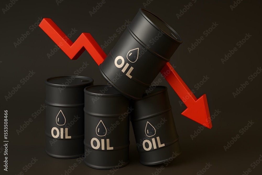 Poster oil price decline concept with dropping red arrow and barrels