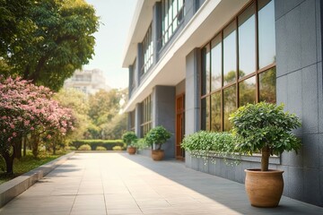 Fototapeta premium Modern Office Building Exterior with Lush Landscaping