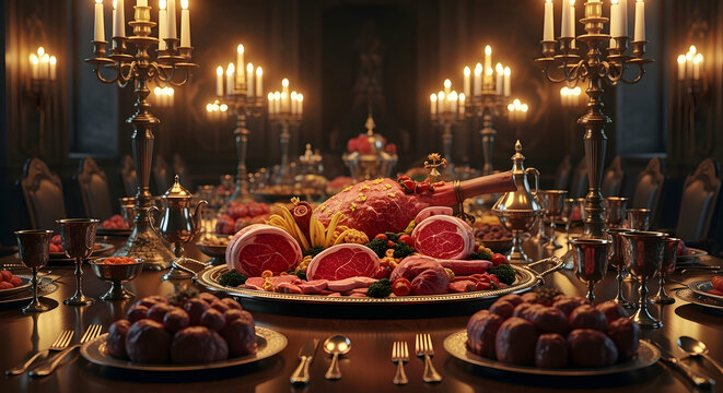 Opulent Feast Depicts Lavishness And Indulgence In Candlelit Medieval Banquet Setting