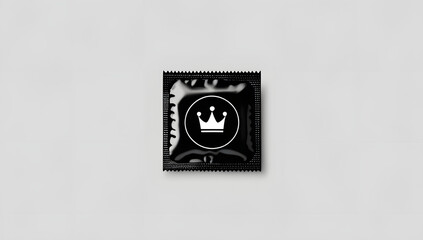 Minimal black silhouette of a square condom wrapper with a centered crown icon, symbolizing premium protection. Clean vector style on a solid white background