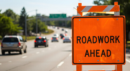 Roadwork Ahead Alert Displayed Near Highway For Safe Urban Infrastructure