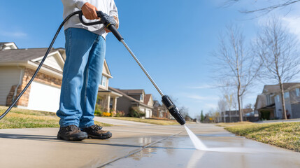 A person power washes a suburban sidewalk in front of houses on a clear day, removing dirt and grime with a high-pressure water spray.