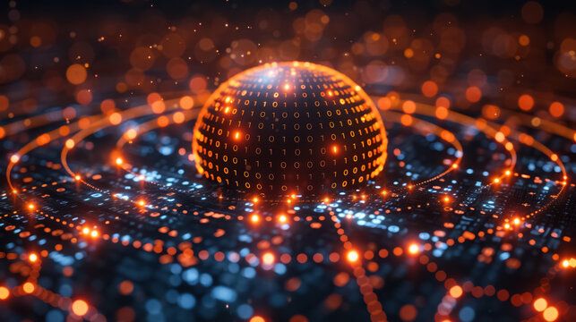 Digital globe surrounded by binary cod, Technology and connectivity concept - Powered by Adobe
