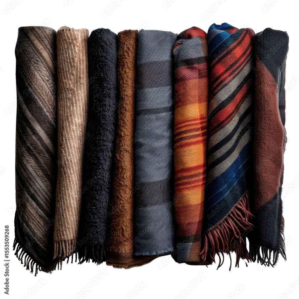 Poster soft, colorful scarves neatly arranged in row, showcasing various textures and patterns, perfect for