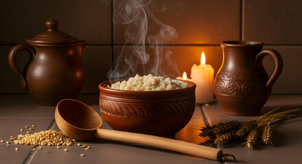 Rustic Still Life With Steaming Porridge Candles And Vintage Vessels