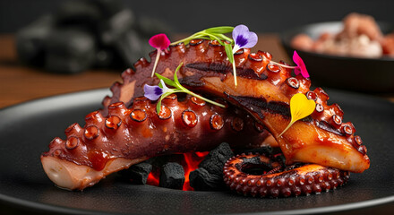 Grilled Octopus Tentacles Presentation With Floral Garnish And Charcoal Embers