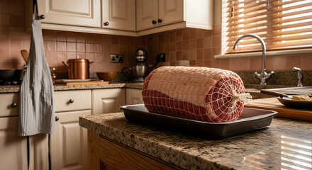Preparing A Roast Beef Joint For Sunday Lunch In Bright Kitchen