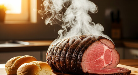 Steaming Roasted Beef, Freshly Baked Breads on a Wooden Cutting Board
