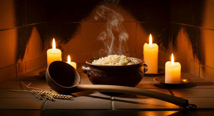 Candlelight Illuminates Warm Porridge In a Cozy Kitchen Setting