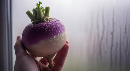 Fresh Turnip Held Against a Window With Condensation Drops