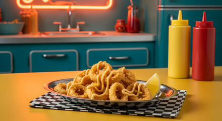 Crispy Calamari Rings With Tangy Dipping Sauce And Lemon Wedge