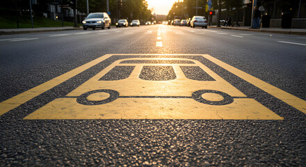 Yellow Bus Stop Sign on City Street With Cars and Sunset Backdrop