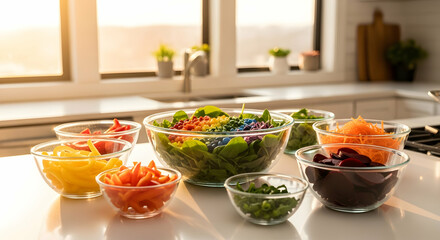Preparing A Vibrant Rainbow Salad With Fresh Ingredients In Modern Kitchen