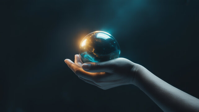 A hand holding a glowing orb with orange and blue light in a dark and mysterious background scene