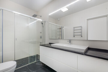 A modern bathroom with a walk-in shower, an elegant sink and a storage space in a minimalist style. Bright lighting creates a sense of spaciousness in the room.