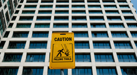 Caution Sign In Front Of Modern Building With Risk Of Falling Objects