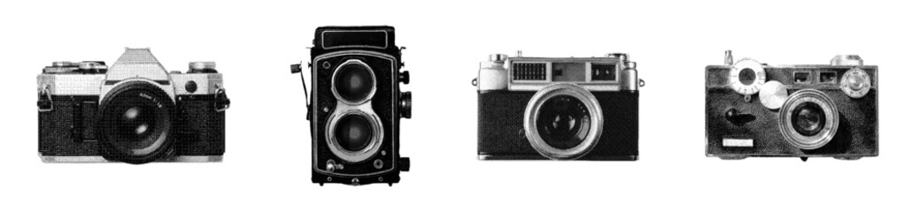 Retro film photography cameras with collage bitmap style dotted halftone monochrome vintage effect