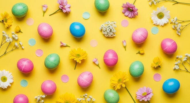 Pastel Easter Eggs and Spring Flowers on Yellow Background
