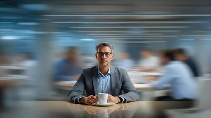 Businessman with Coffee: Timelapse of a Busy Office, Focus and Composure Amidst Motion Blur - Powered by Adobe