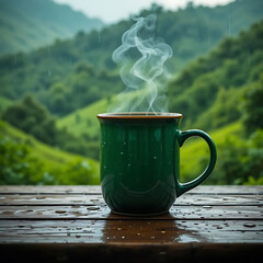 A steaming cup of coffee on a rainy day overlooking lush green hills.