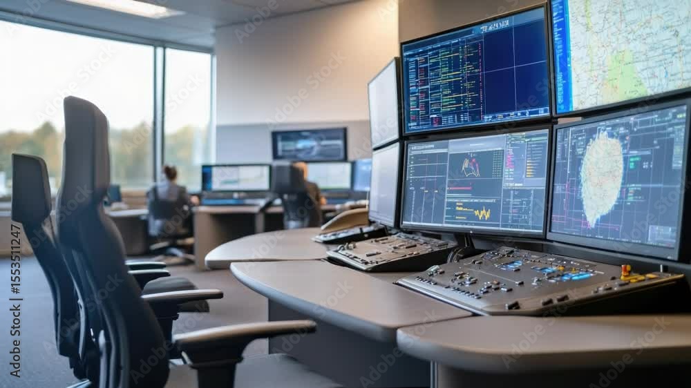 Poster a desk with multiple monitors and a keyboard, perfect for productivity and multitasking