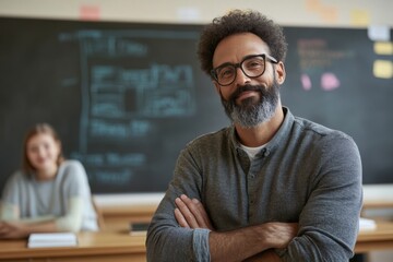 Confident teacher with crossed arms standing in classroom