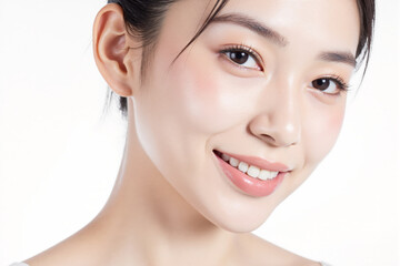 Obraz premium Close-up portrait of a smiling young woman with clear skin and natural makeup, showcasing a fresh and radiant complexion.