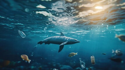 Fototapeta premium Ocean pollution affecting marine life. Plastic debris surrounds a dolphin in the deep blue sea. Sunlight streams down