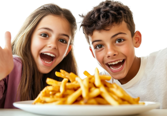 Happy children enjoying delicious crispy French fries together, celebrating food and friendship at home with joyful expressions and playful energy