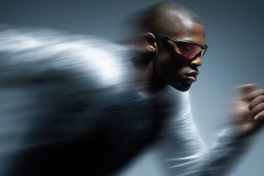 Sprinter races with blurred motion, sunglasses perfectly sharp in dramatic contrast