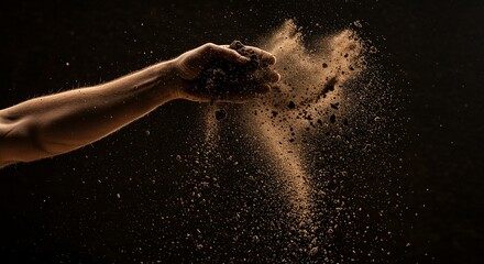 Close-up of an arm tossing soil into the air, dirt particles suspended mid-air, dramatic lighting, dark background, concept of release and earth connection