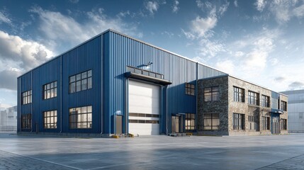 Modern industrial building with blue metal and brick facade