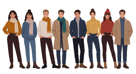 Fototapeta premium Group of young adults wearing casual winter outfits on white background 