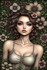Fototapeta premium Woman is lying on a bed of flowers. She is wearing a white dress and has a flower crown on her head. The flowers are in various colors and sizes, and they are scattered all around her