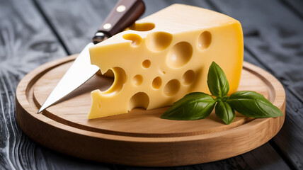 A close-up photograph of a wedge of Swiss cheese with distinctive holes, placed on a round wooden serving board with a dark brown rim