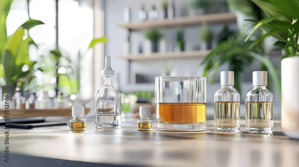 Aufkleber photorealistic image of home perfumemaking studio featuring various bottles and essential oils, crea