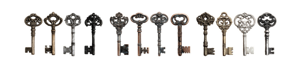 Pack of Antique Skeleton Keys Collection of Ornate Metal Keys for Design Inspiration against transparent Background