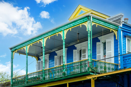 Colorful architecture, double-Gallery wooden house with columns in Faubourg Marigny, New Orleans, Louisiana