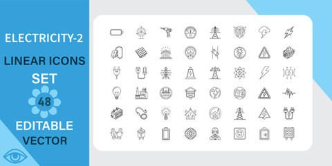 Electricity line art icons set. Solar, wind, hydro, nuclear and more. Outline vector icon in linear style. Editable stroke. Vector illustration.