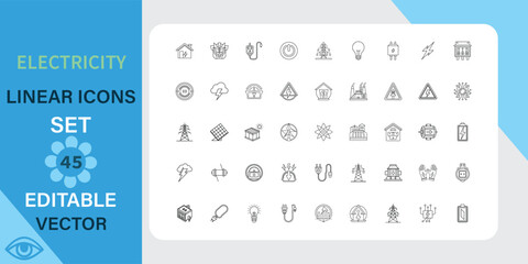 Electricity linear icons set. Power, energy, safety and more. Outline vector icon in linear style. Editable stroke. Vector illustration.