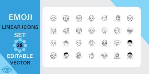 Emoji linear icons set. Emotions, expressions, faces and more. Outline vector icon in linear style. Editable stroke. Vector illustration.
